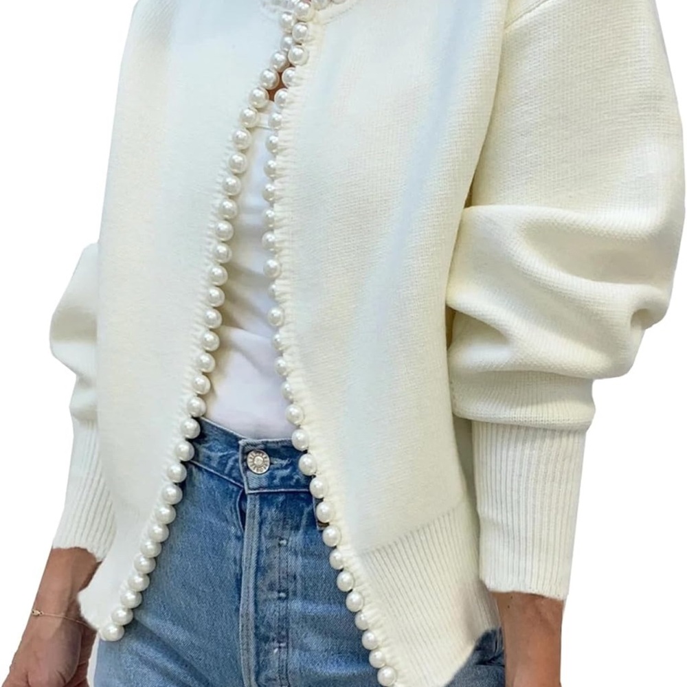 Elegant Pearl-Trimmed White Sweater